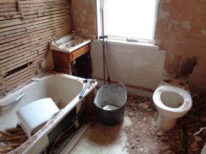 Bathroom lath, plaster and bricks exposed during bathroom renovation