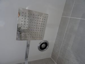 Fitted Bathroom with ceiling extractor behind the shower head
