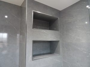 Family Bathroom Kenilworth with pigeon holes storage shelves